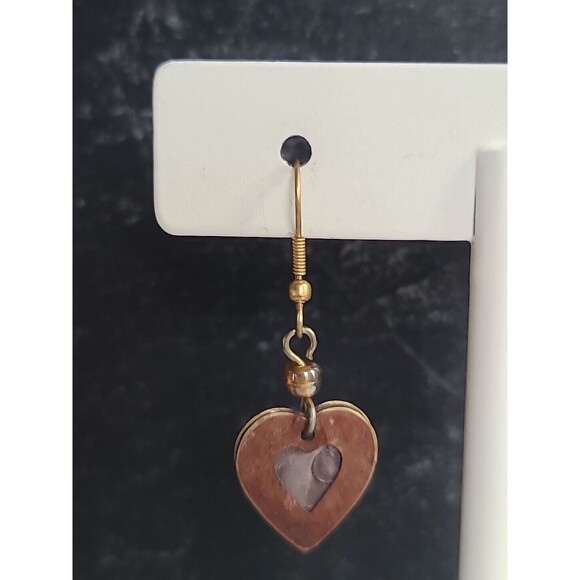 Two Tone Metal Heart Shaped Dangling Pierced Earrings Vintage - Picture 3 of 10